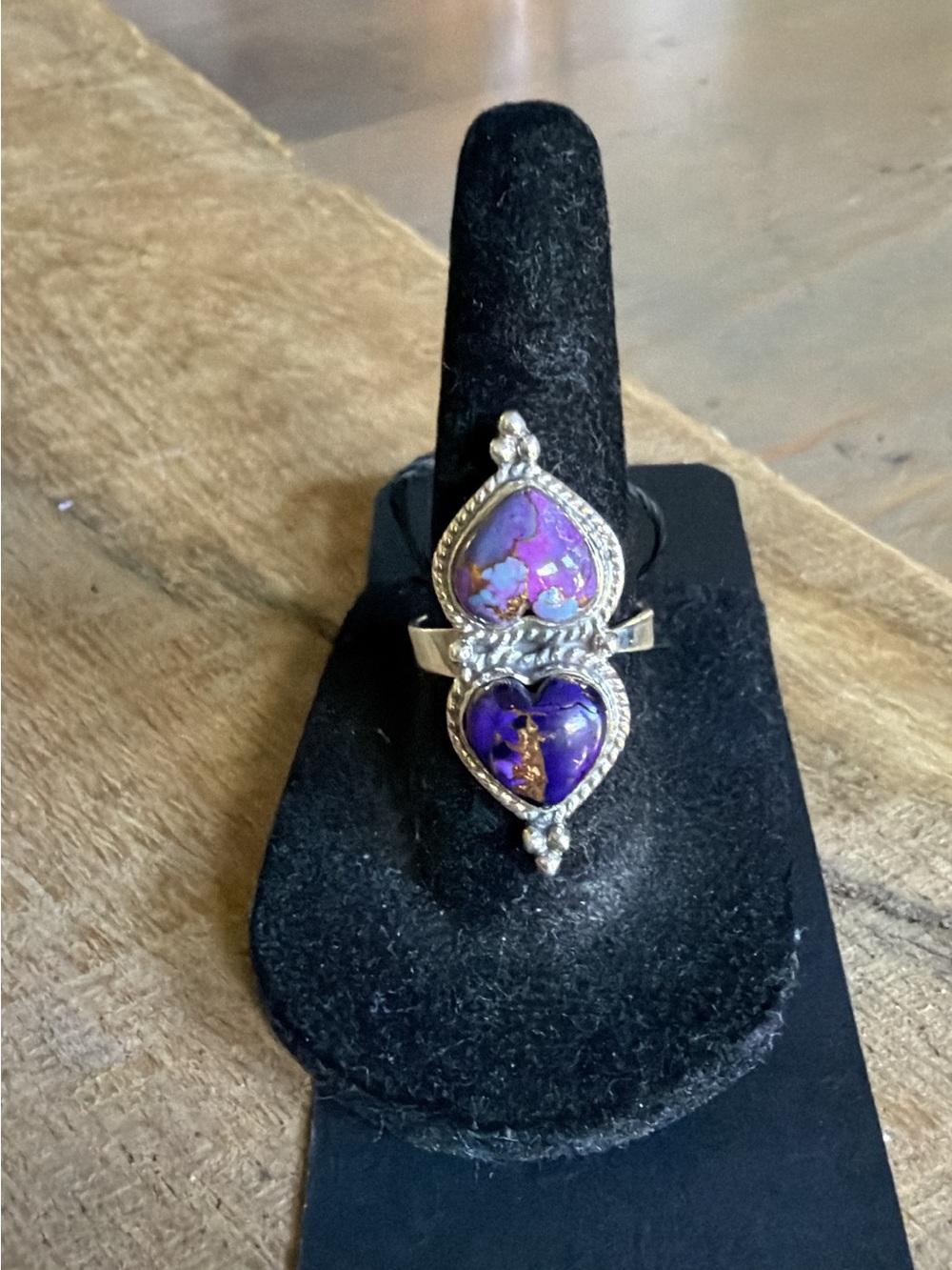 Sterling Silver Double Heart Purple Dahlia Ring